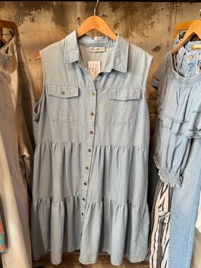 Grace Karin Tiered Chambray Dress 1X Button Front Sleeveless
